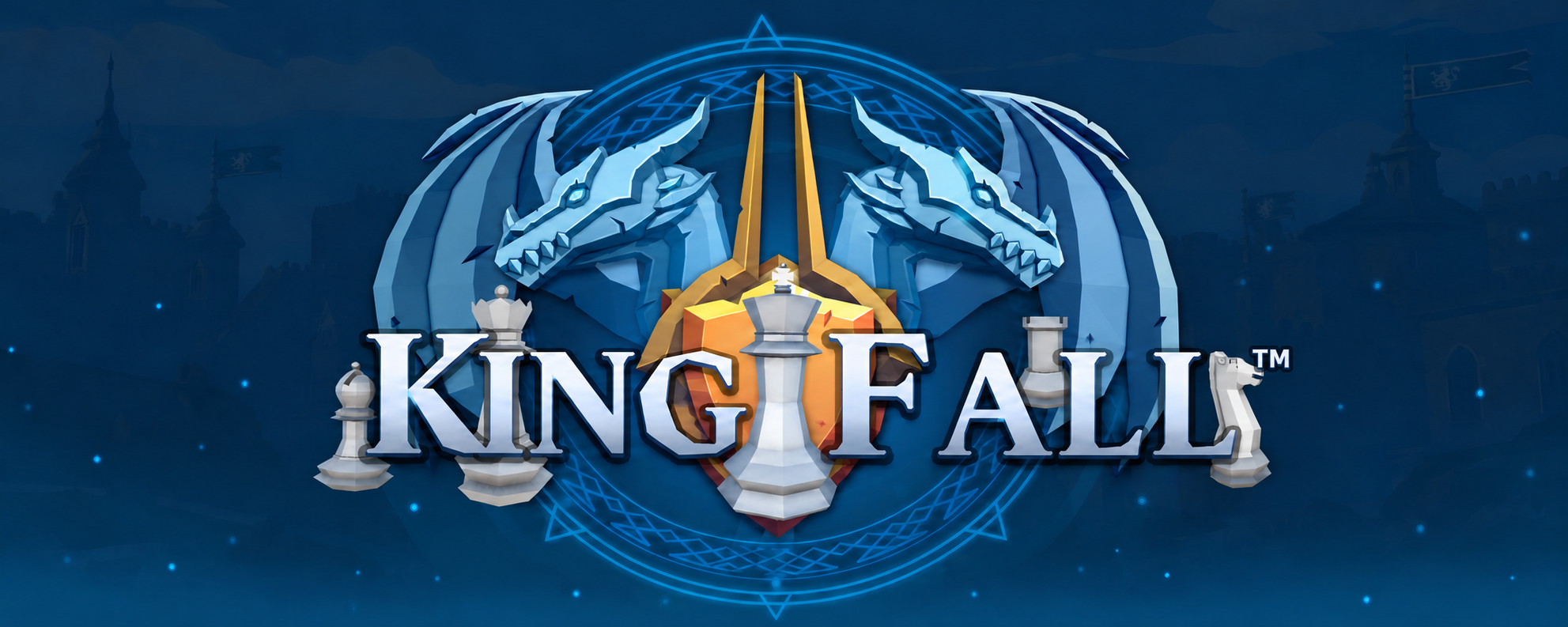 Kingfall™ logo flanked by ice dragons and chess pieces