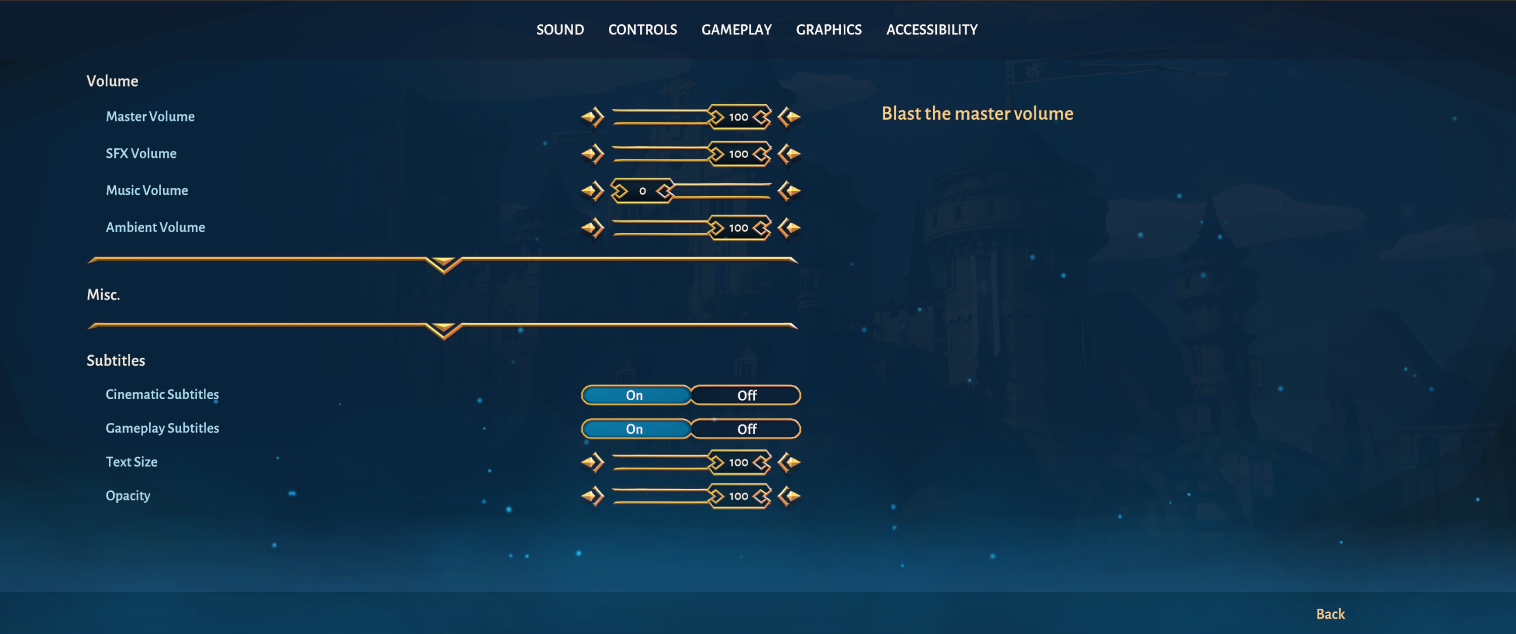 Kingfall™ settings and accessibility menu